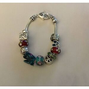 Silver Blue Bead Peace Theme Murano Glass Charm Bracelet